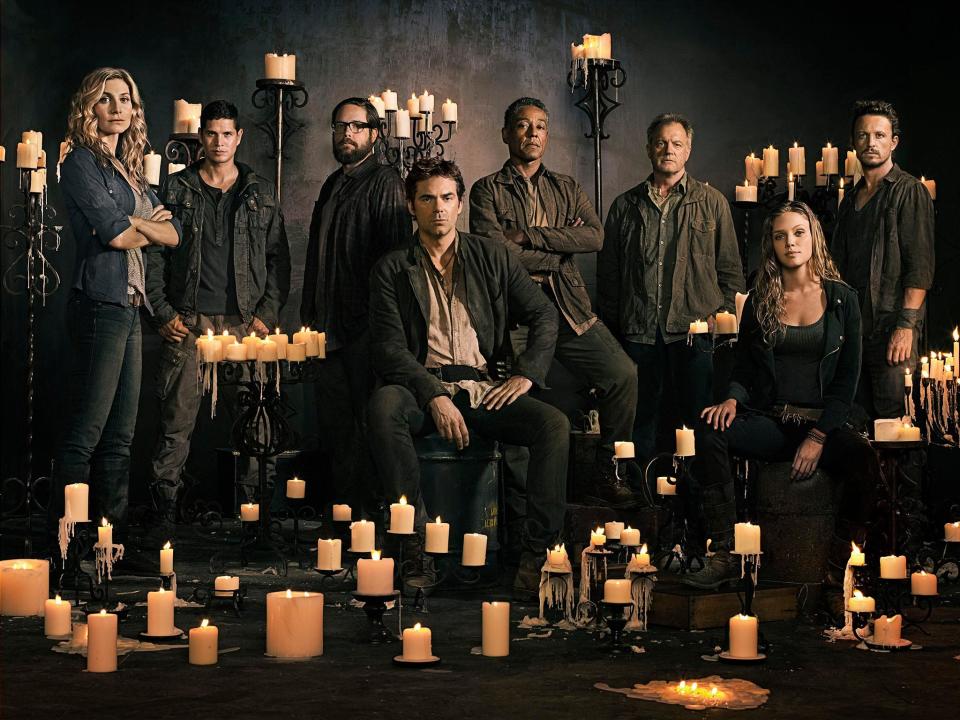 Elizabeth Mitchell as Rachel Matheson, JD Pardo as Jason Neville, Zak Orth as Aaron Pittman, Billy Burke as Miles Matheson, Giancarlo Esposito as Major Tom Neville, Stephen Collins as Dr. Gene Porter, Tracy Spiridakos as Charlie Matheson, and David Lyons as Gen. Sebastian Monroe in Revolution Season 2 on NBC.