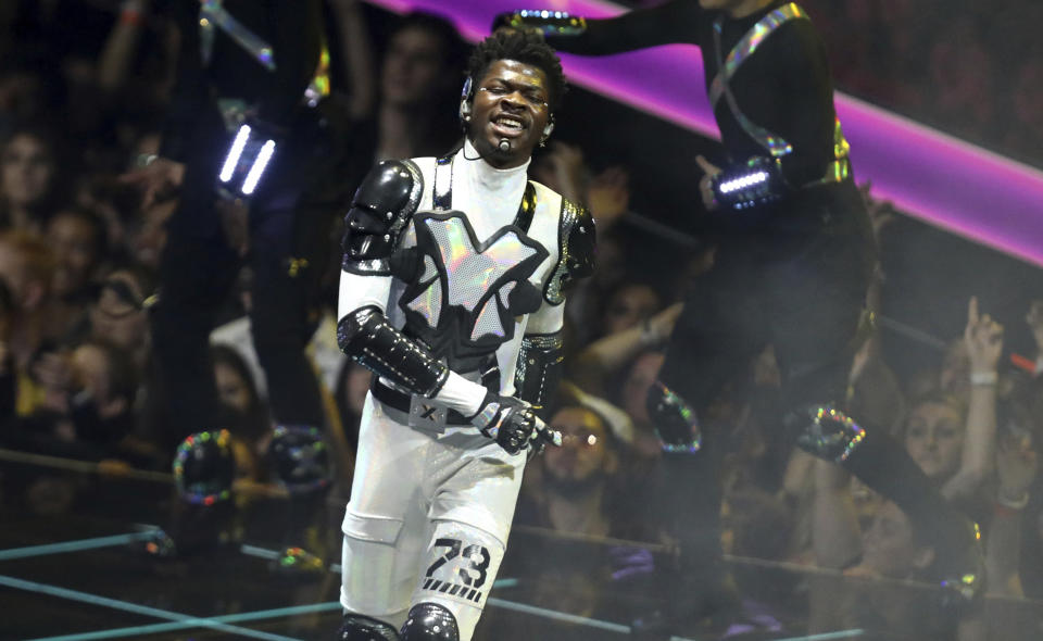 Lil Nas X performs "Panini" at the MTV Video Music Awards at the Prudential Center on Monday, Aug. 26, 2019, in Newark, N.J. (Photo by Matt Sayles/Invision/AP)