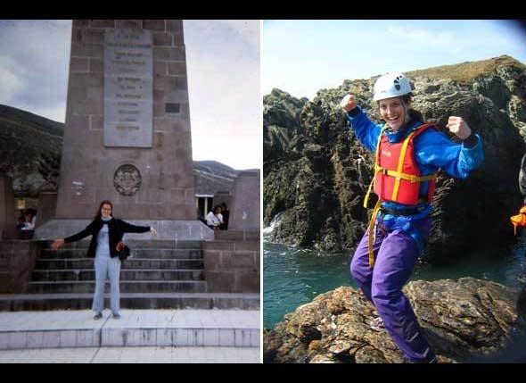 Left: Mary Ruth at the equator in Ecuador in 1970.     Right: Janet prepares to go sea level traversing on the Isle of Anglesey in Wales for an Outdoor Pursuits class, 2008.