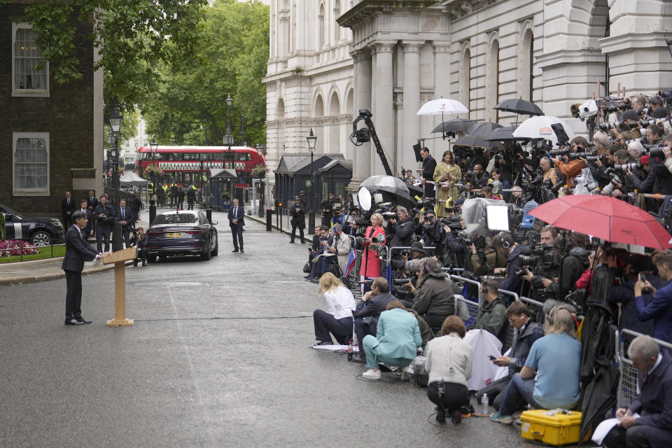 Britain's outgoing Conservative Party Prime Minister Rishi Sunak makes a speech in front of the massed banks of media outside of 10 Downing Street before going to see King Charles III to tender his resignation in London, Friday, July 5, 2024. Sunak and his Conservative Party lost the general election held July 4, to the Labour Party, whose leader Keir Starmer is set become Prime Minister later Friday. (AP Photo/Vadim Ghirda)