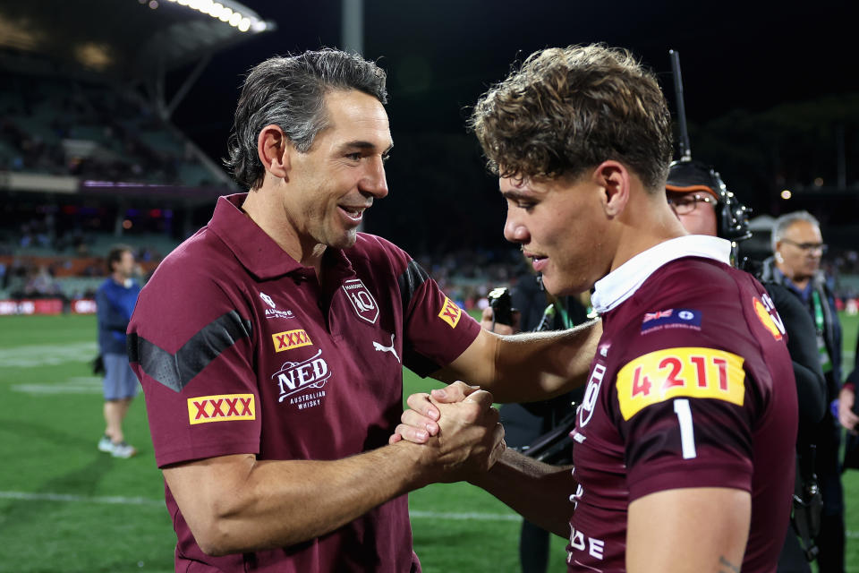 ADELAIDE, AUSTRALIA - MAY 31: Maroons coach Billy Slater and Reece Walsh of the Maroons celebrate winning game one of the 2023 State of Origin series between the Queensland Maroons and New South Wales Blues at Adelaide Oval on May 31, 2023 in Adelaide, Australia. (Photo by Cameron Spencer/Getty Images)