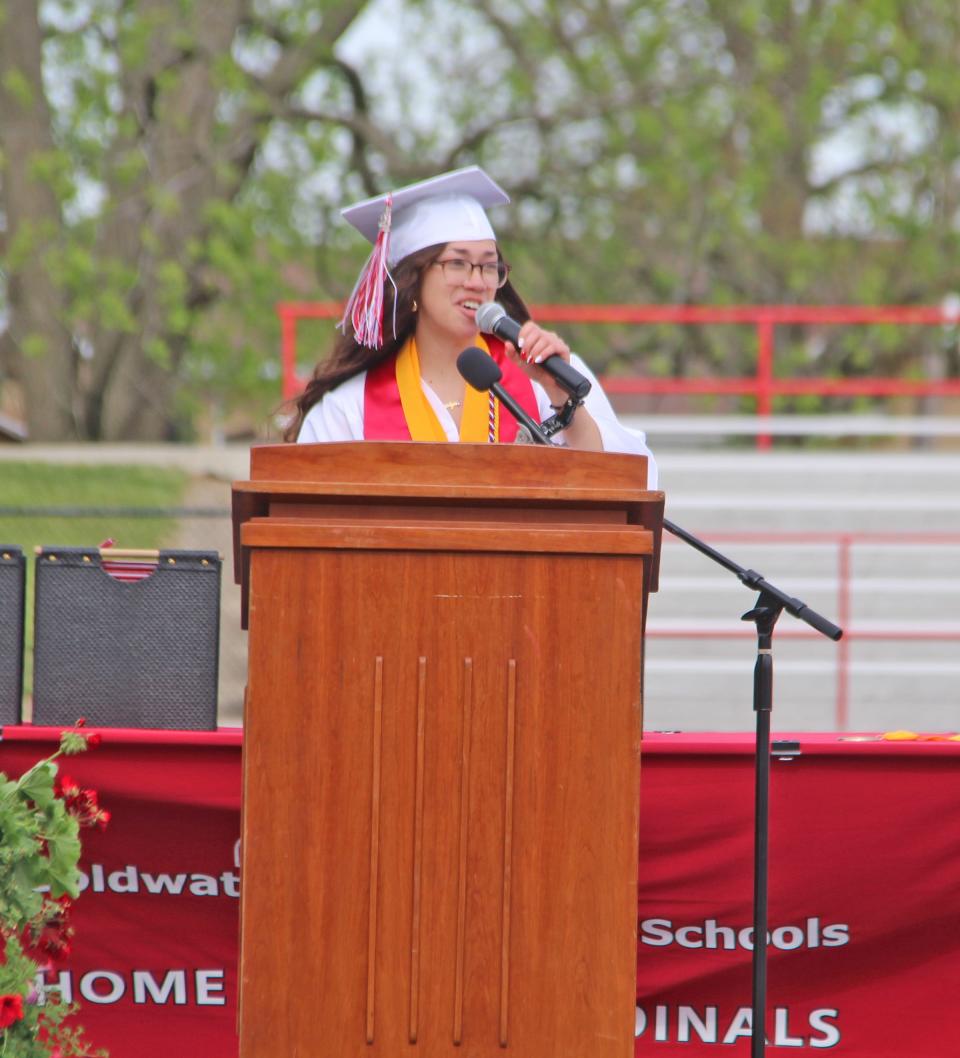 Coldwater co-valedictorian Carolyn Potter addresses her classmates Sunday during the 155th commencement ceremony.