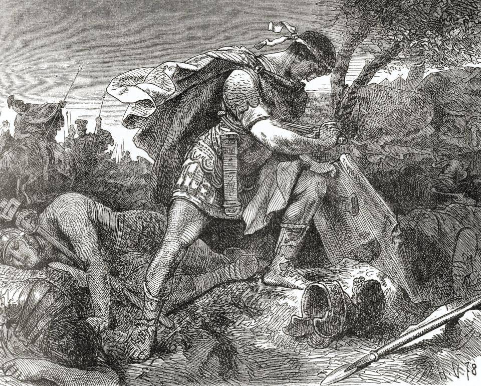 The suicide of Brutus is shown in an 1882 illustration. <a href="https://www.gettyimages.com/detail/news-photo/the-suicide-of-brutus-after-the-battle-of-philippi-in-news-photo/1036155792?adppopup=true" rel="nofollow noopener" target="_blank" data-ylk="slk:Universal History Archive/Universal Images Group via Getty Images;elm:context_link;itc:0;sec:content-canvas" class="link ">Universal History Archive/Universal Images Group via Getty Images</a>