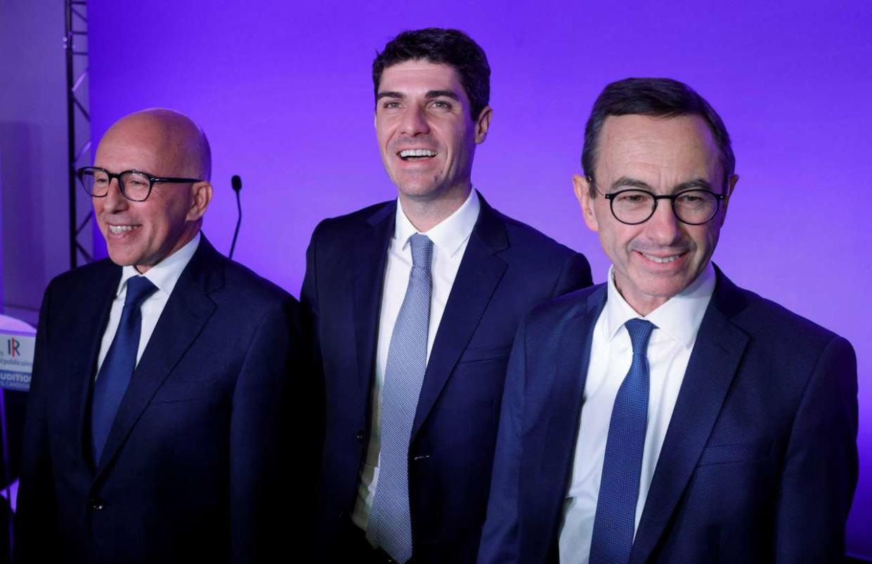 (LtoR) French MP Eric Ciotti, French MP and secretary general of the LR party Aurelien Pradie and the president of Les Republicains (LR) group in the French Senate Bruno Retailleau, candidates to the LR party's presidency, pose after a hearing before the national council of the right-wing LR party in Paris on November 26, 2022 as part of the upcoming election for the presidency of the movement. (Photo by Geoffroy Van der Hasselt / AFP)