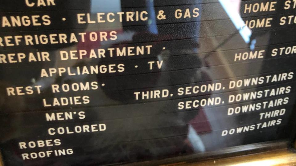 A 1950s store directory still lists the “colored” rest room in Leonards Department Store, later the first in Dallas or Fort Worth to end segregation.