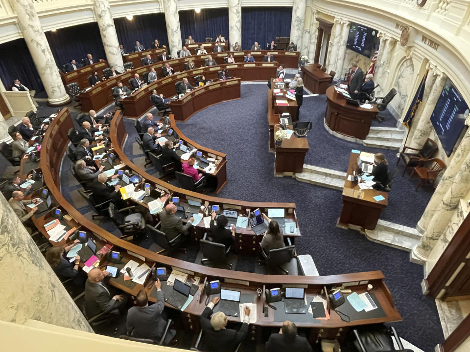 FILE - The Idaho House of Representative is seen in session on March 14, 2022, at the Statehouse in Boise, Idaho. More Republican state lawmakers are losing their primaries this year than in any other election over the past decade, dispatched by far-right challengers who say the incumbents are not conservative enough. Next up is Wisconsin, where both Republican legislative leaders are among several incumbents facing primary challenges. (AP Photo/Keith Ridler, File)