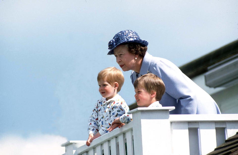 UNITED KINGDOM - JUNE 14:  Queen With Prince William & Prince Henry At Polo  (Photo by Tim Graham Photo Library via Getty Images)