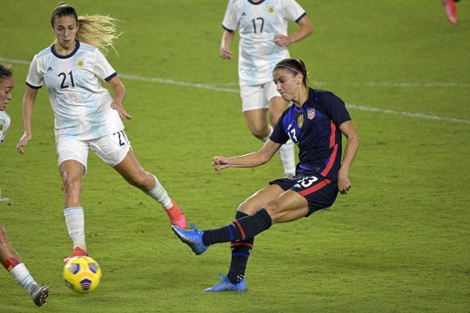 United States forward Alex Morgan (13) attempts a shot on goal