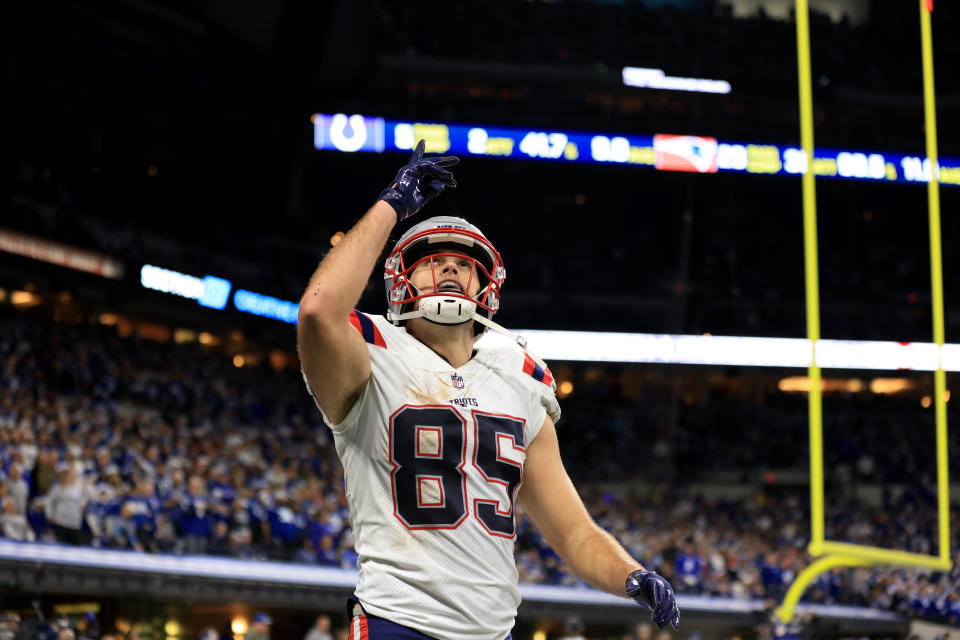 New England Patriots tight end Hunter Henry celebrates after scoring during the second half of an NFL football game against the Indianapolis Colts Saturday, Dec. 18, 2021, in Indianapolis. (AP Photo/Aaron Doster)