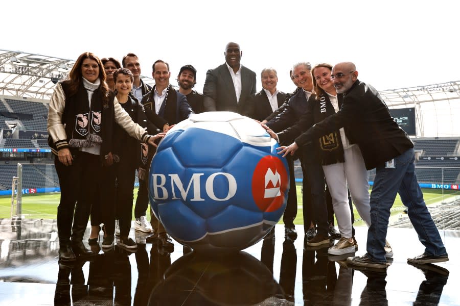 LOS ANGELES, CALIFORNIA – MARCH 03: LAFC Owner’s pose for a photo speaks during a ceremony for the newly renamed BMO Stadium at BMO Stadium on March 03, 2023 in Los Angeles, California. (Photo by Michael Owens/Getty Images)