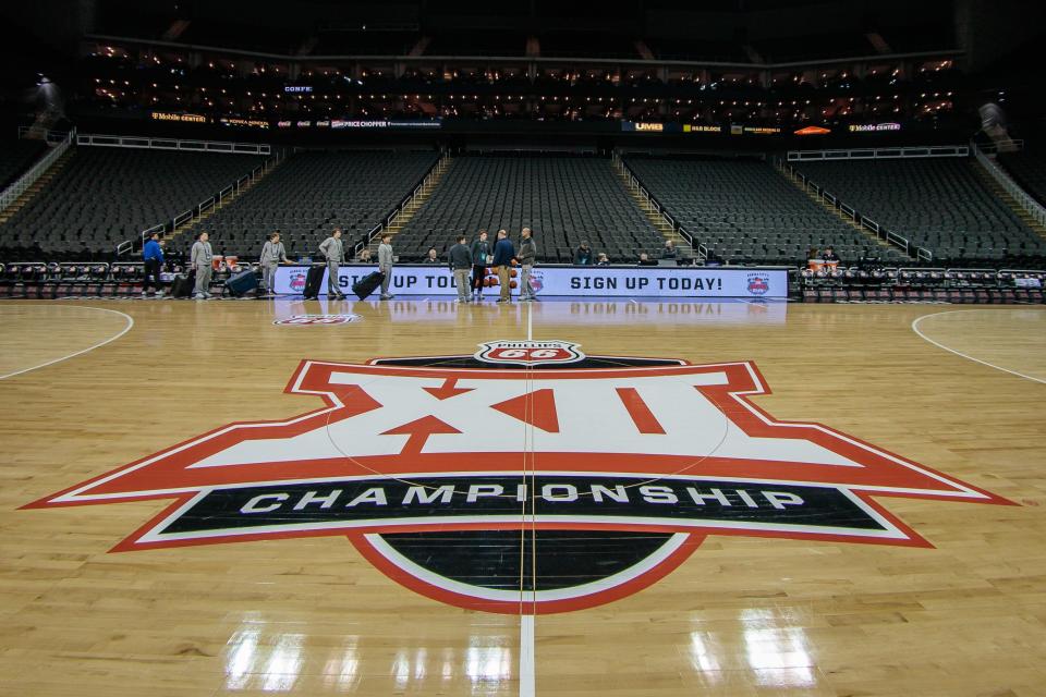 Mar 8, 2023; Kansas City, MO, USA; Center court logo prior to the game between the Texas Tech Red Raiders and the West Virginia Mountaineers at T-Mobile Center. Mandatory Credit: William Purnell-USA TODAY Sports