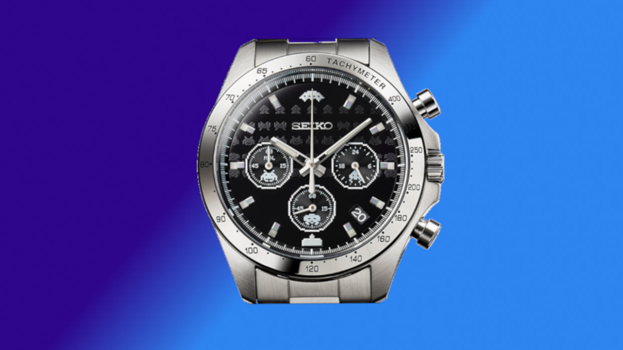  The Seiko Space Invaders chronograph on a blue and purple background 