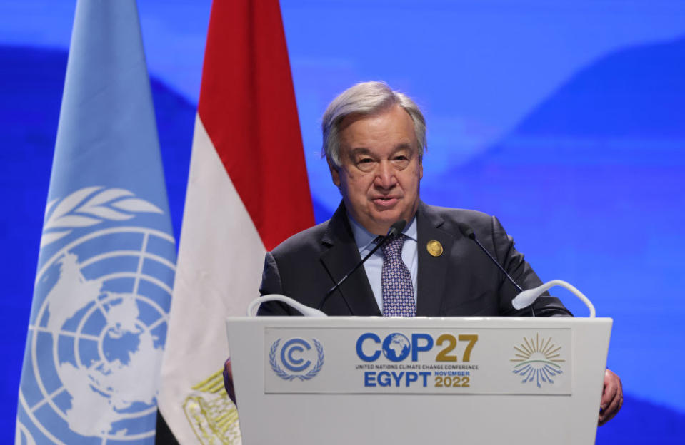 <div class="inline-image__title">1440198391</div> <div class="inline-image__caption"><p>UN Secretary General António Guterres makes a speech at the opening of COP27 on Monday: “We are on a highway to climate hell with our foot still on the accelerator.”</p></div> <div class="inline-image__credit">Sean Gallup via Getty</div>