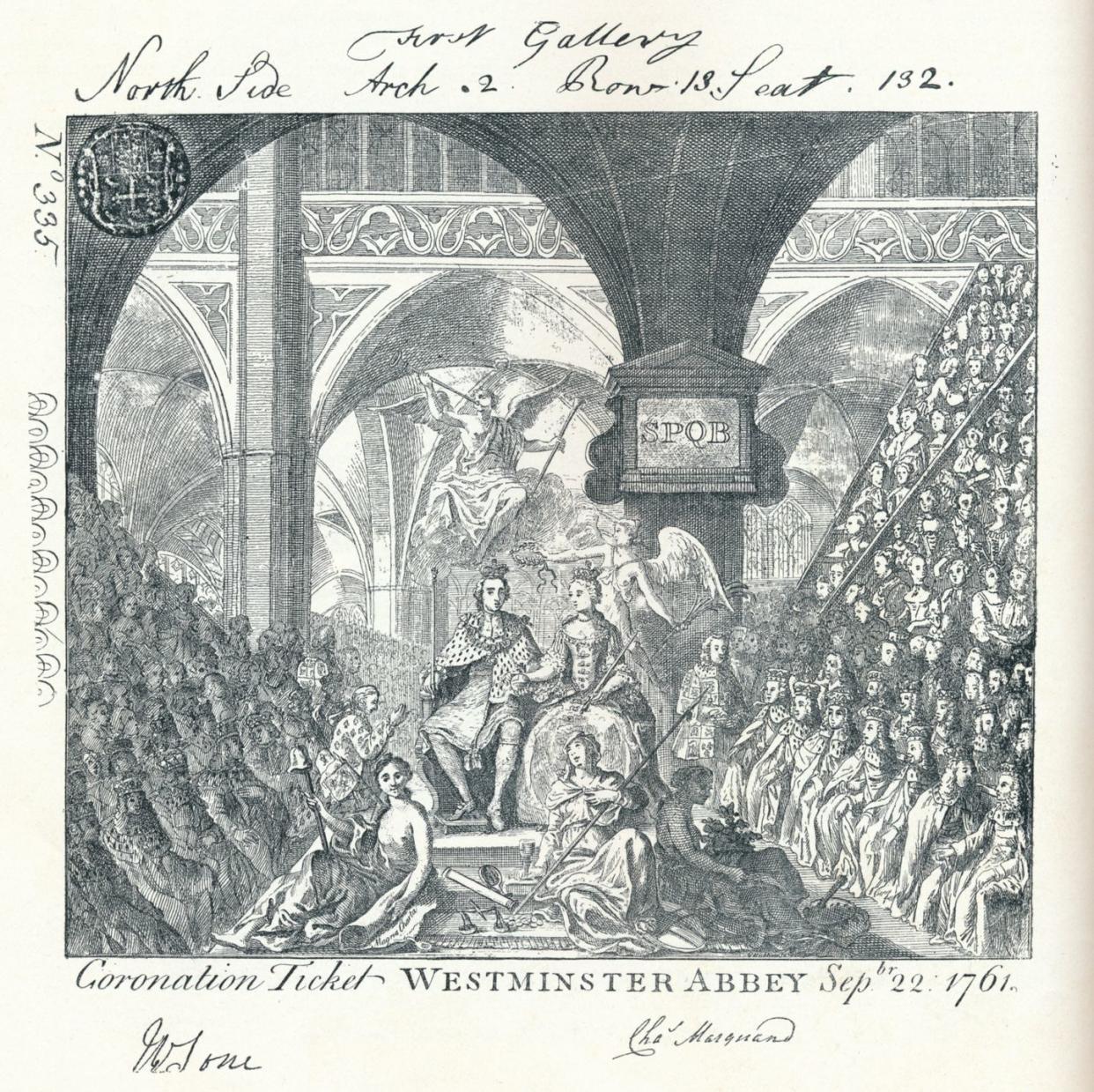 engraved ticket for the coronation ceremony of george iii in westminster abbey' 1761 1906 artist george bickham