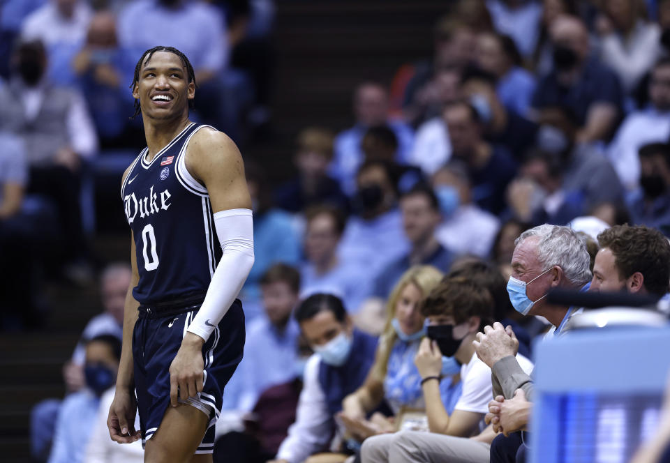 CHAPEL HILL, NORTH CAROLINA - FEBRUARY 05: Wendell Moore Jr. #0 of the Duke Blue Devils smiles during their game against the North Carolina Tar Heels at the Dean E. Smith Center on February 05, 2022 in Chapel Hill, North Carolina. Duke won 87-67. (Photo by Grant Halverson/Getty Images)