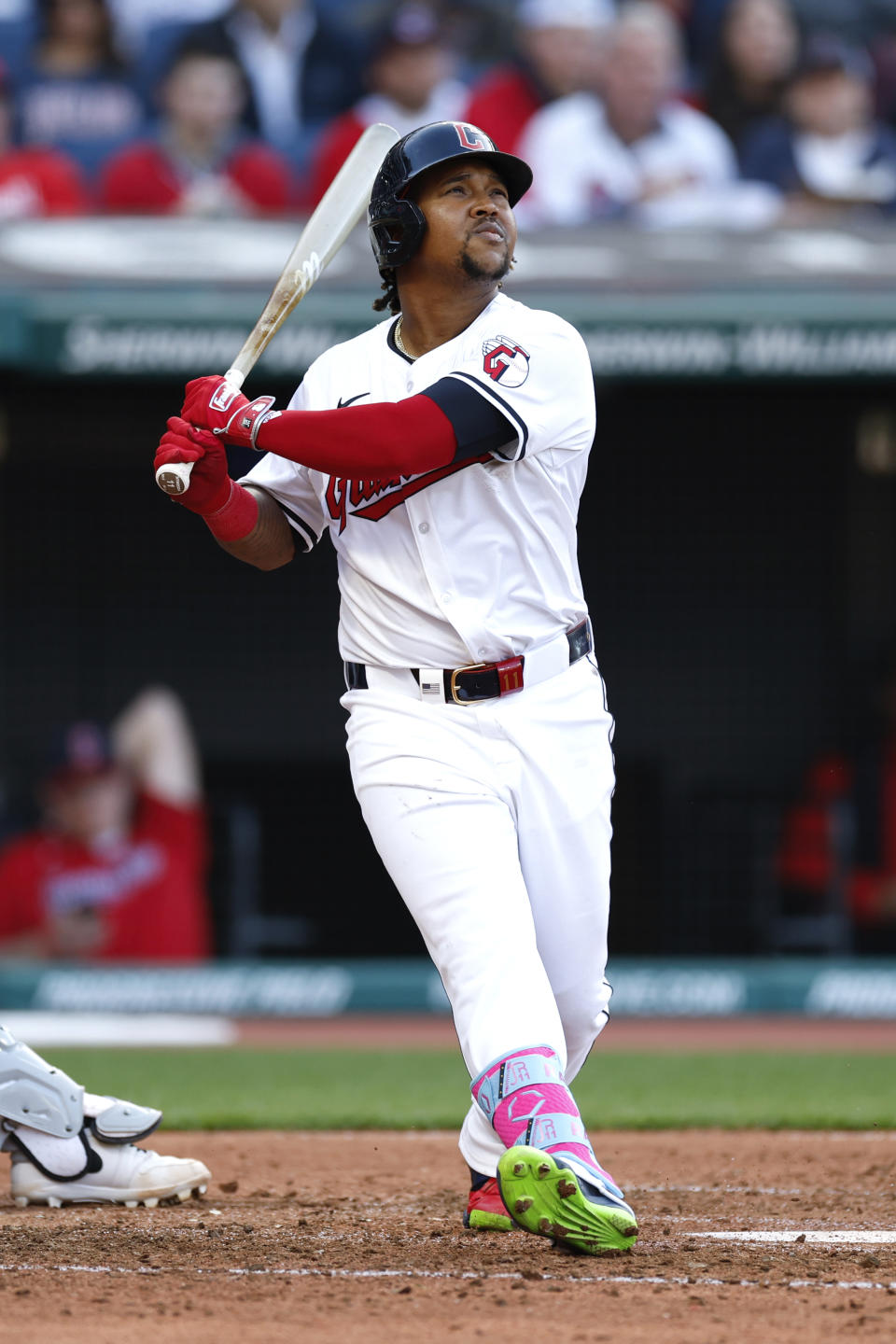 Cleveland Guardians' José Ramírez watches his two-run home run off Chicago White Sox pitcher Bryan Shaw during the fifth inning of a baseball game, Monday, April 8, 2024, in Cleveland. (AP Photo/Ron Schwane)