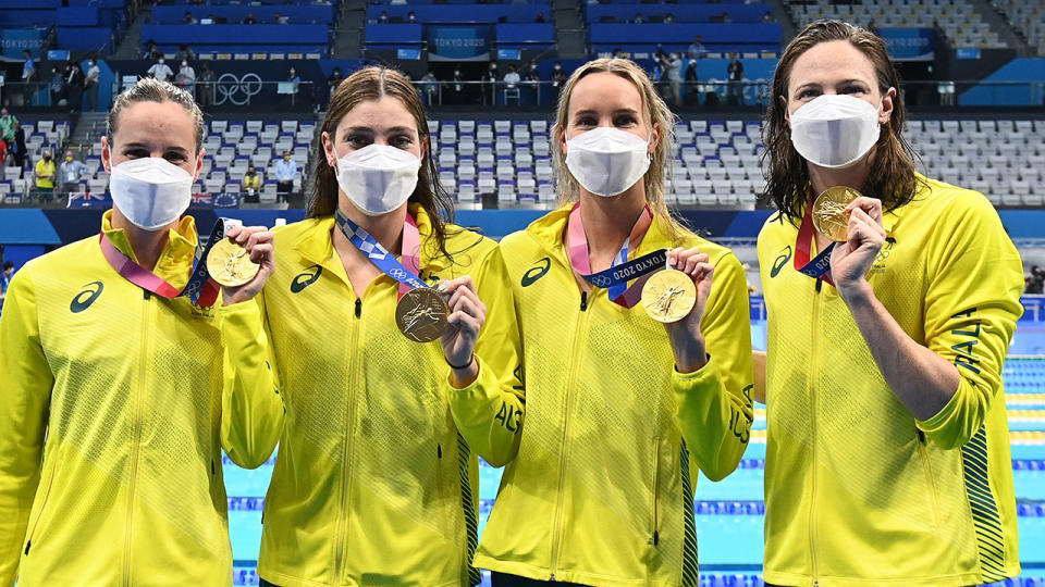 Bronte Campbell, Meg Harris, Emma McKeon and Cate Campbell, pictured here with their gold medals. 