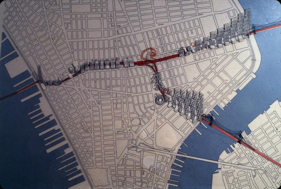 Mapa de la autopista que cruzaba el bajo Manhattan (Lower Manhattan Expressway), según las ideas de Moses. <a href="https://en.wikipedia.org/wiki/File:Lower_Manhattan_Expressway_Map.jpg" rel="nofollow noopener" target="_blank" data-ylk="slk:Library of Congress / Wikimedia Commons;elm:context_link;itc:0;sec:content-canvas" class="link ">Library of Congress / Wikimedia Commons</a>