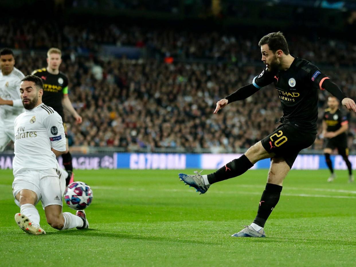 Bernardo Silva sees his shot blocked by Dani Carvajal: AP