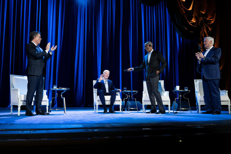 Stephen Colbert moderates a conversation with Joe Biden, Barack Obama and Bill Clinton.