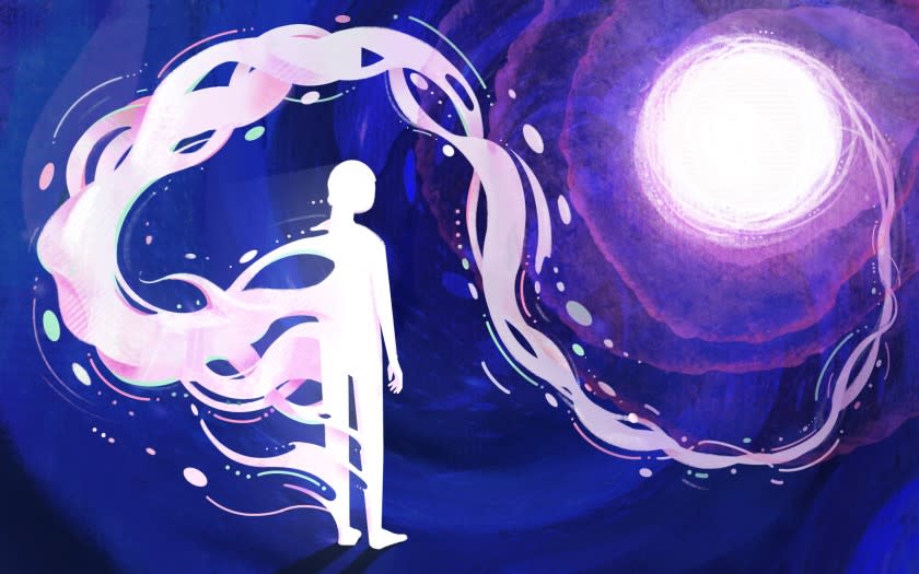 Illustration of a human figure that has a soul light coming from it, swirling up to a circular light source.
