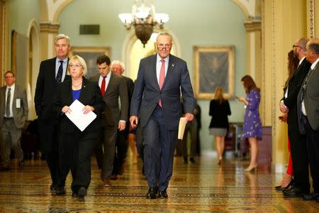 Senator Patty Murray (D-WA) and Senate Minority Leader Chuck Schumer (D-NY) arrive to speak to reporters on following a policy luncheon on Capitol Hill in Washington, U.S. October 17, 2017. REUTERS/Eric Thayer