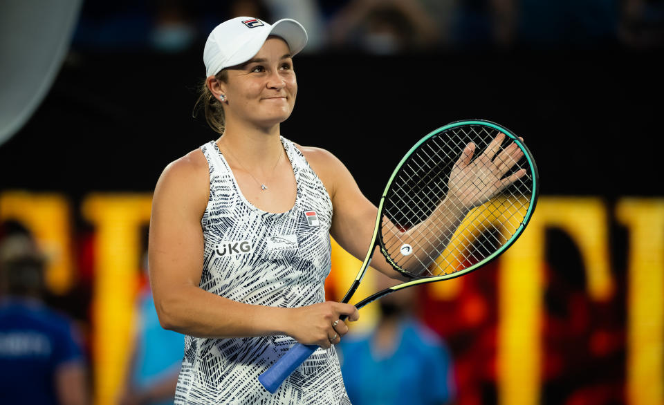 Ash Barty, pictured here after beating Amanda Anisimova at the Australian Open.