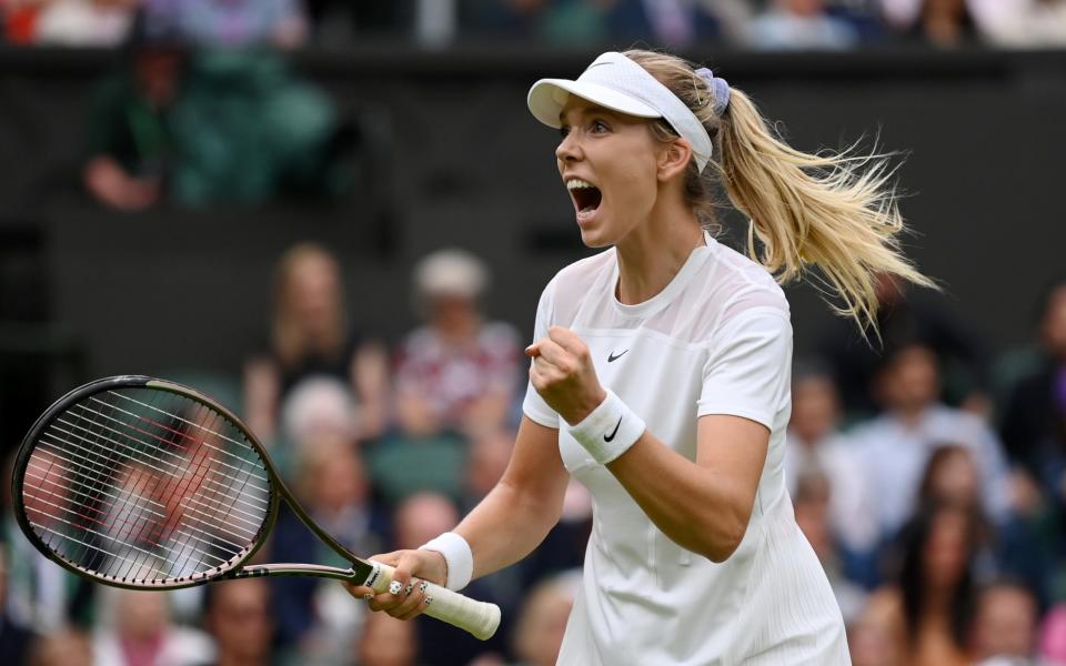 Katie Boulter of Great Britain celebrates a point against Karolina Pliskova of Czech Republic during their Women's Singles Second Round match on day four of The Championships Wimbledon 2022 at All England Lawn Tennis and Croquet Club on June 30, 2022 in London, England. - GETTY IMAGES