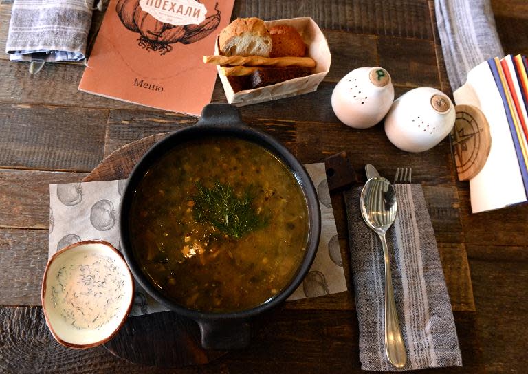 A traditional Russian soup is placed on a table at the Poyekhali restaurant in Moscow, on June 2, 2015