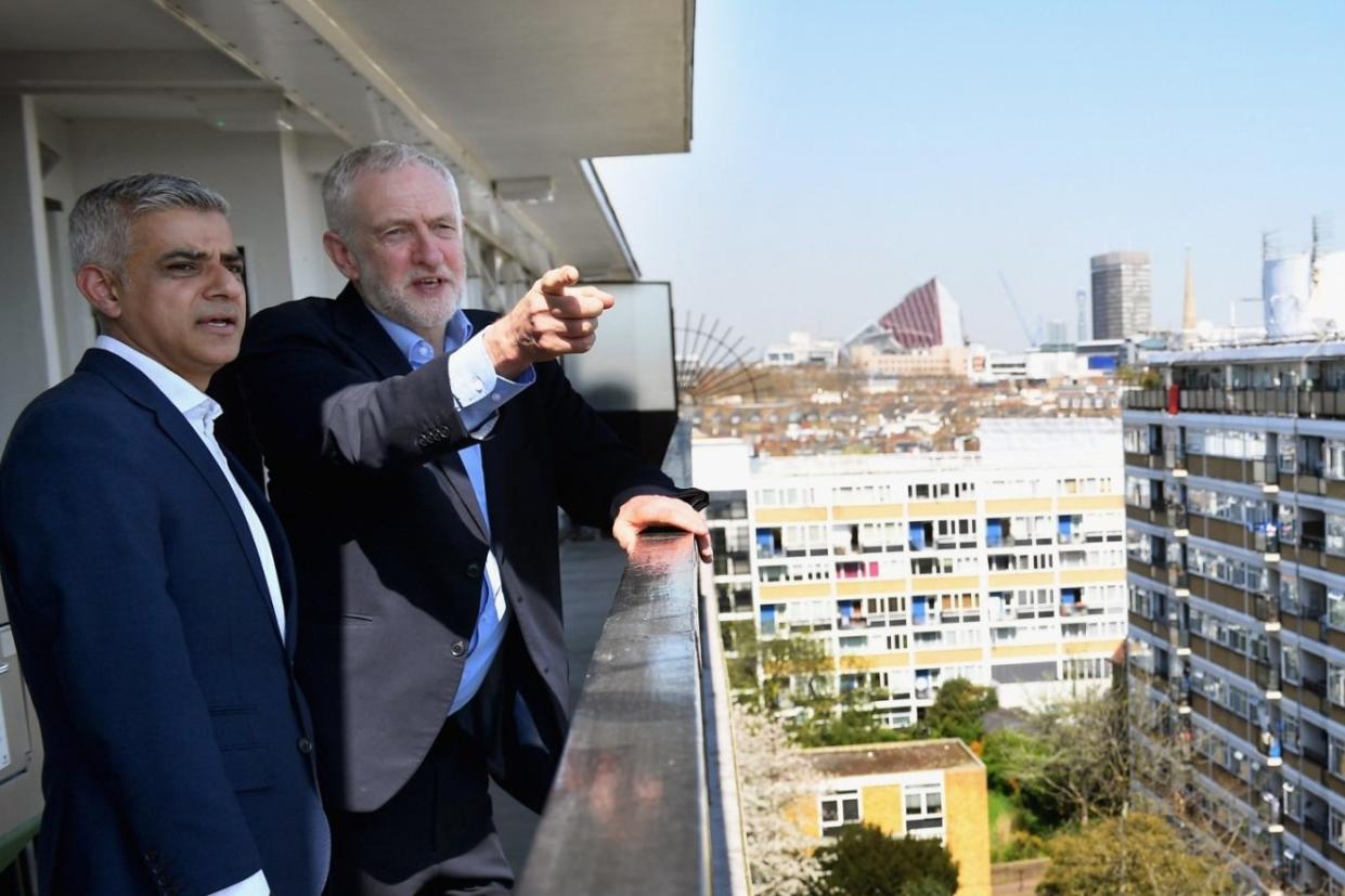 Big challenge: Sadiq Khan with Labour leader Jeremy Corbyn at Westminster's Churchill Gardens Estate after the launch of a social housing review: Getty Images