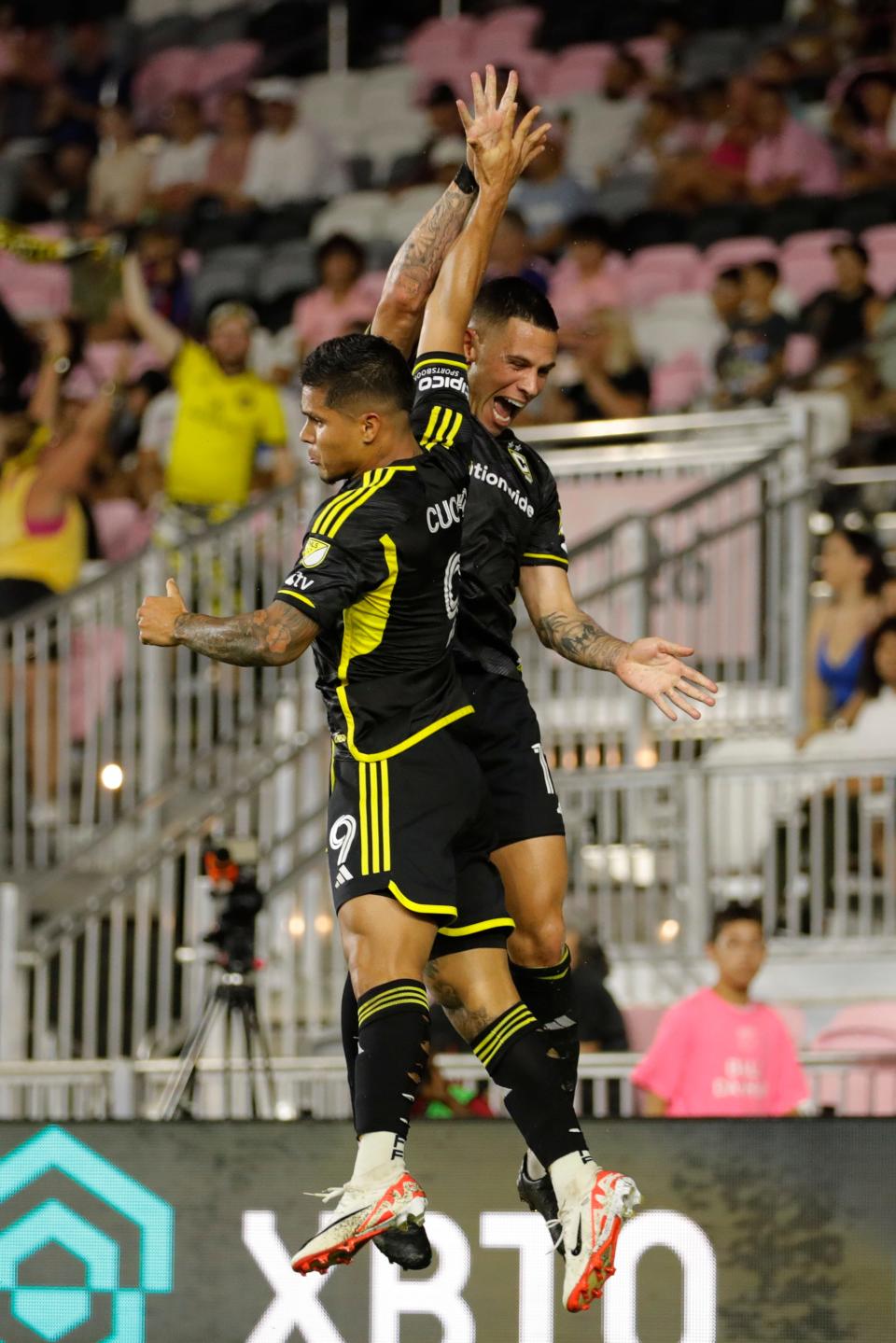 Jul 4, 2023; Fort Lauderdale, Florida, USA; Columbus Crew SC forward Christian Ramirez (17) celebrates with team-mates after scoring a goal during the second half against the Inter Miami at DRV PNK Stadium. Mandatory Credit: Sam Navarro-USA TODAY Sports