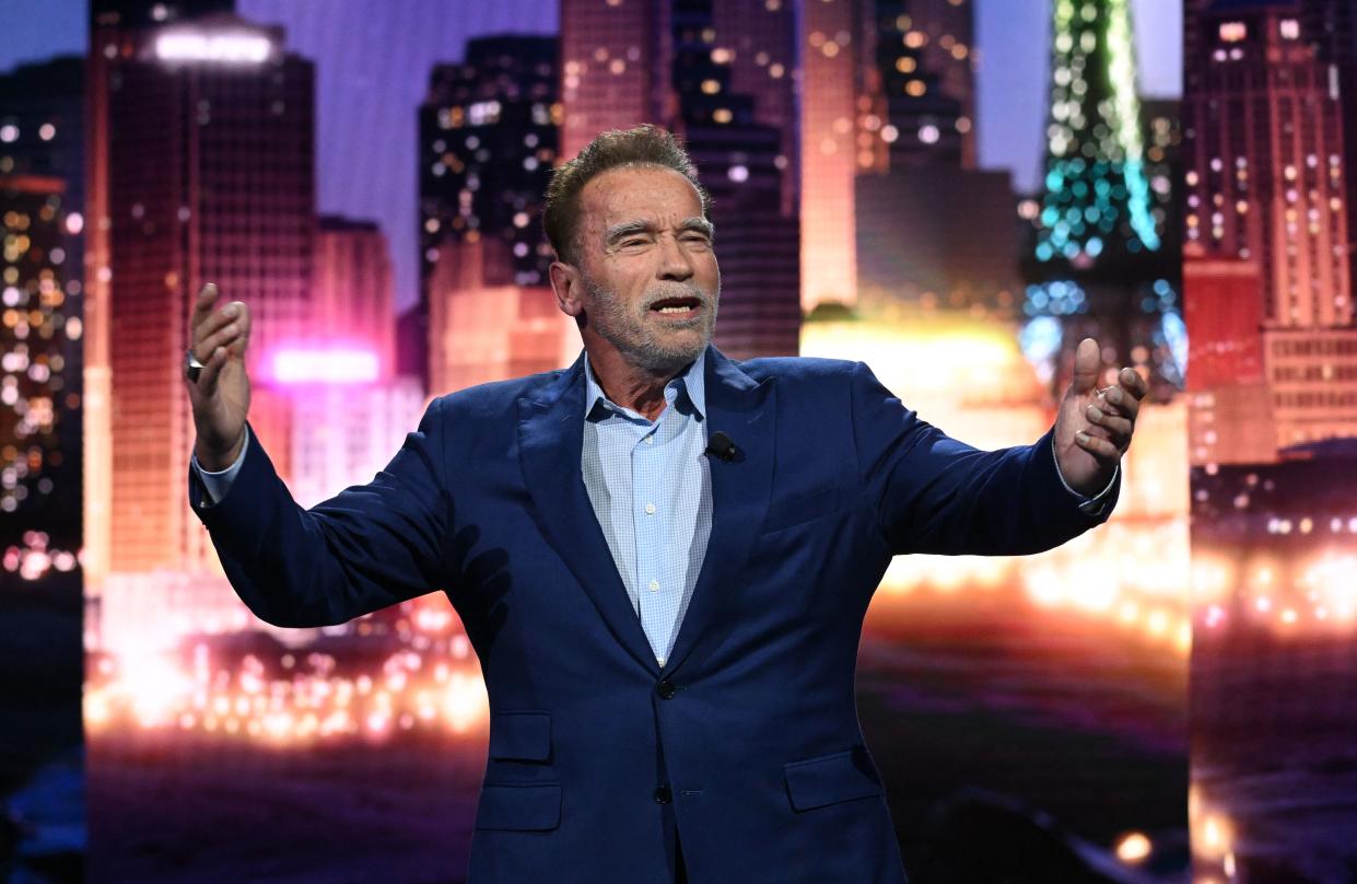 US-Austrian actor and Former Governor of California Arnold Schwarzenegger speaks about clean energy during the Consumer Electronics Show (CES) on January 4, 2023 in Las Vegas, Nevada. (Photo by Patrick T. Fallon / AFP) (Photo by PATRICK T. FALLON/AFP via Getty Images)