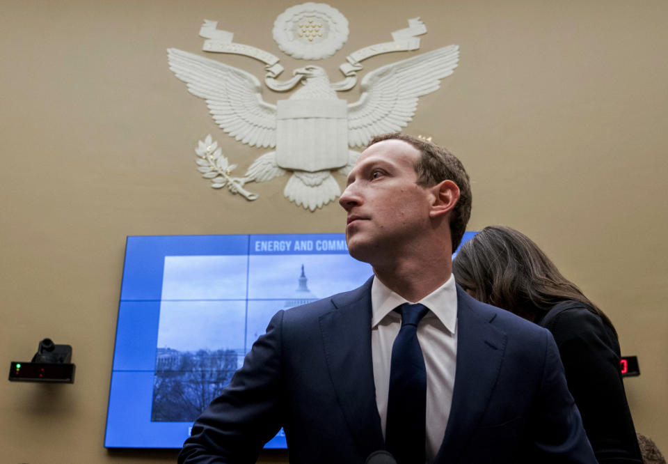 FILE - In this April 11, 2018, file photo, Facebook CEO Mark Zuckerberg arrives to testify before a House Energy and Commerce hearing on Capitol Hill in Washington. Facebook said Tuesday, Sept. 17, 2019, that it expects to name the first members of a new quasi-independent oversight board by year-end. The oversight panel, which the social network first discussed publicly last November, will rule on thorny content issues, such as when Facebook or Instagram posts constitute hate speech. (AP Photo/Andrew Harnik, File)