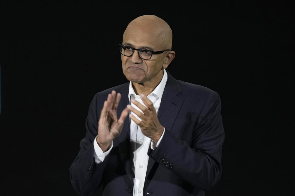 Microsoft CEO Satya Nadella applauds as he speaks during an event titled "Microsoft Build: AI Day" in Jakarta, Indonesia, Tuesday, April 30, 2024. Microsoft will invest $1.7 billion over the next four years in new cloud and artificial intelligence infrastructure in Indonesia — the single largest investment in Microsoft's 29-year history in the country — Nadella said Tuesday. (AP Photo/Dita Alangkara)