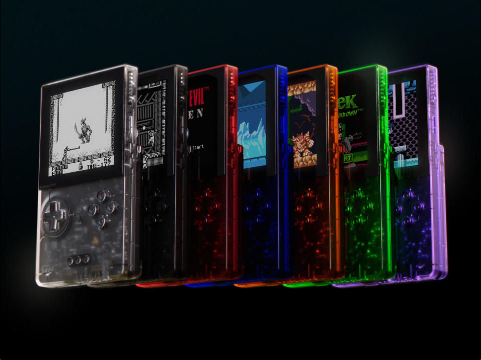 Press shot of Analogue's upcoming transparent pocket gaming consoles.