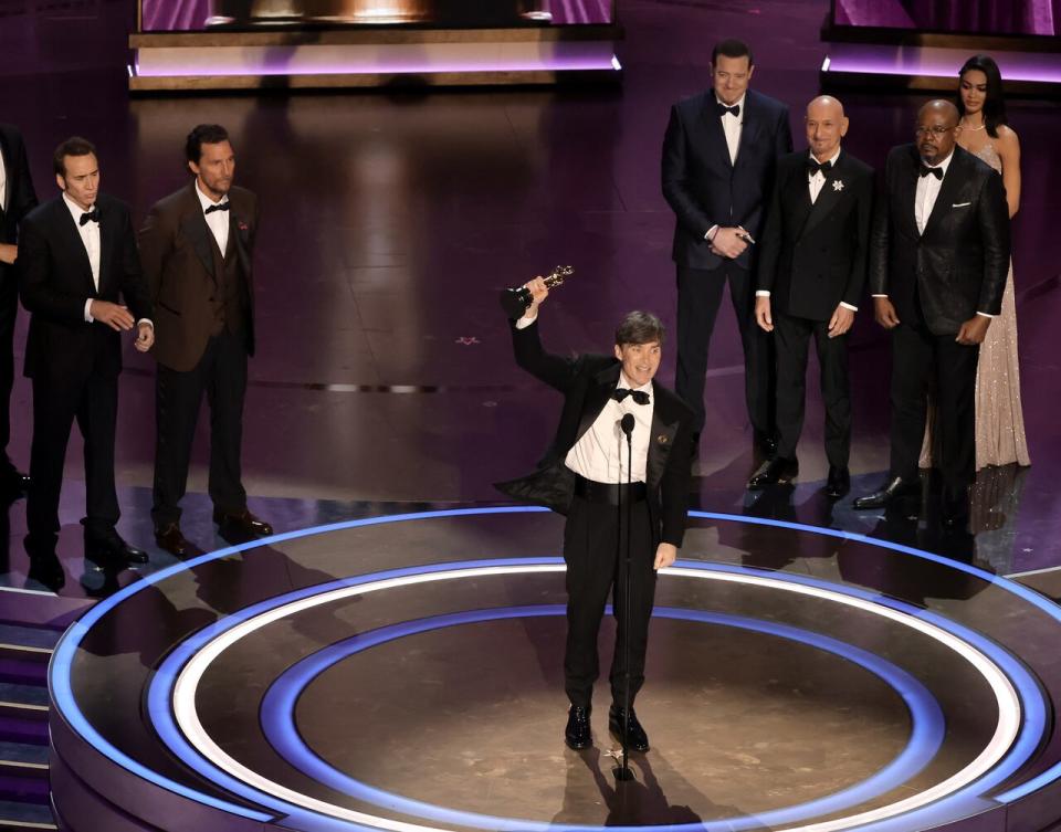 Cillian Murphy accepts the best actor award for Oppenheimer onstage at the Dolby Theatre in Los Angeles. 