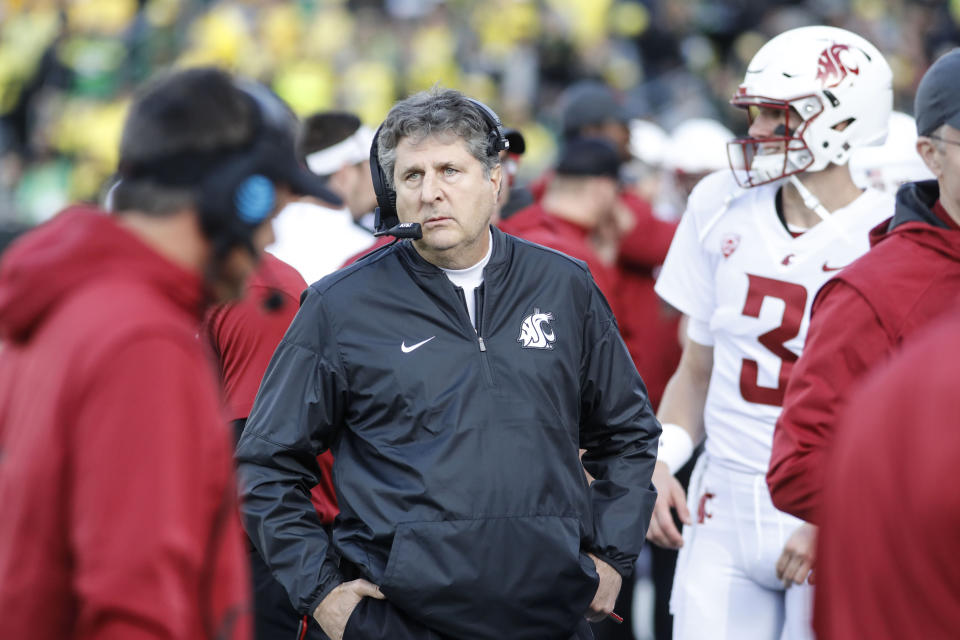 Washington State head coach Mike Leach works the sidelines against Oregon in an NCAA college football game Saturday, Oct. 7, 2017 in Eugene, Ore. (AP Photo/Thomas Boyd)