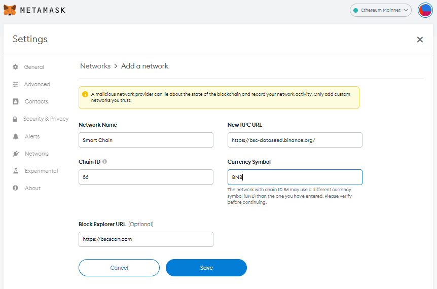 bsc metamask settings