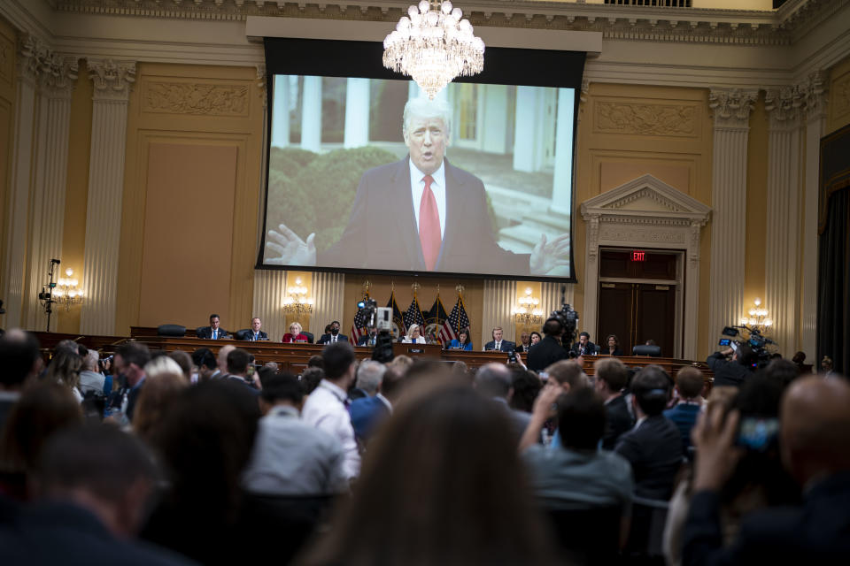 A video of former President Donald Trump is shown during a Jan. 6 committee hearing on July 21