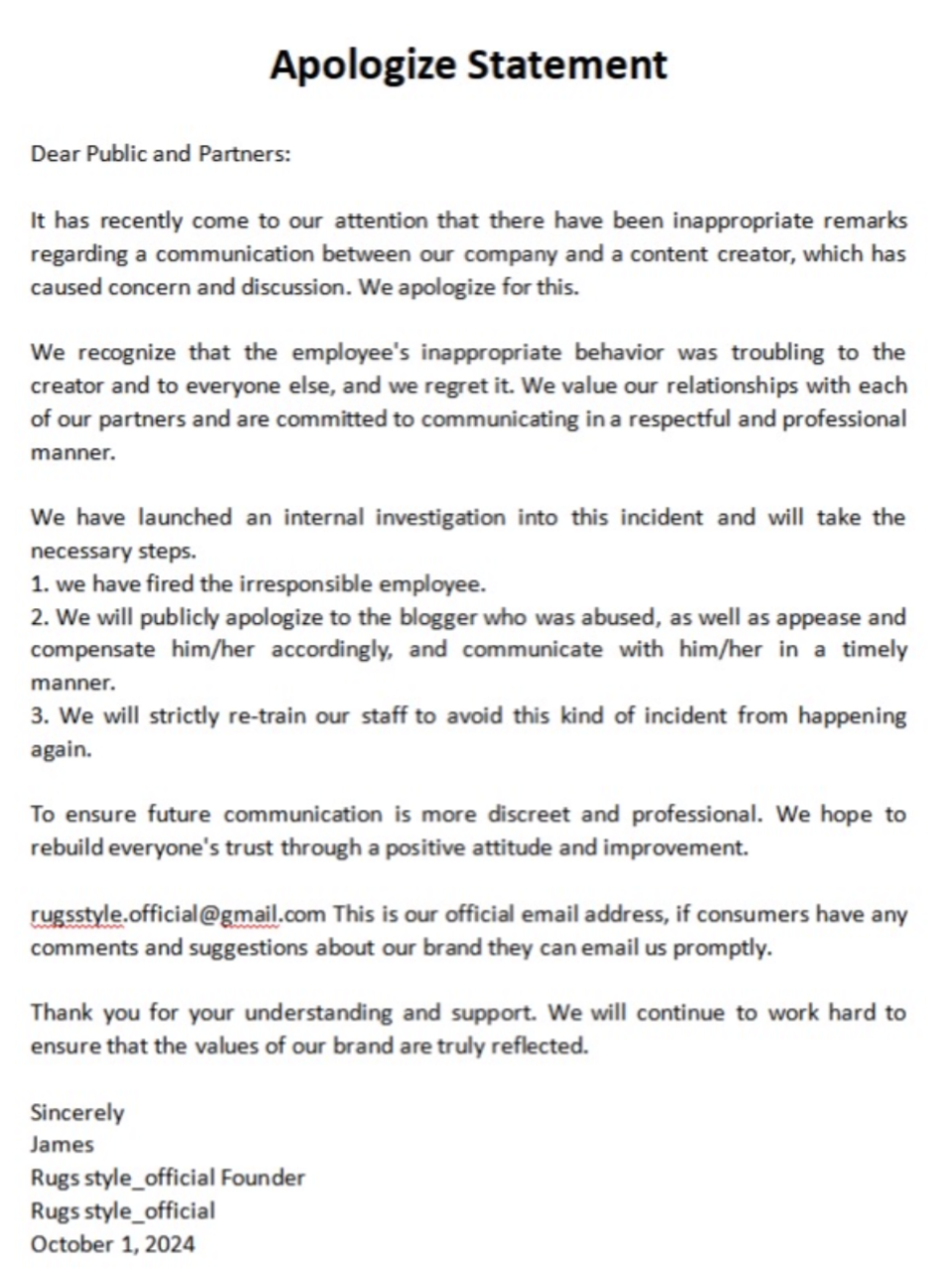 Apology statement addressing inappropriate remarks made by an employee; outlines actions taken including public apology and re-training