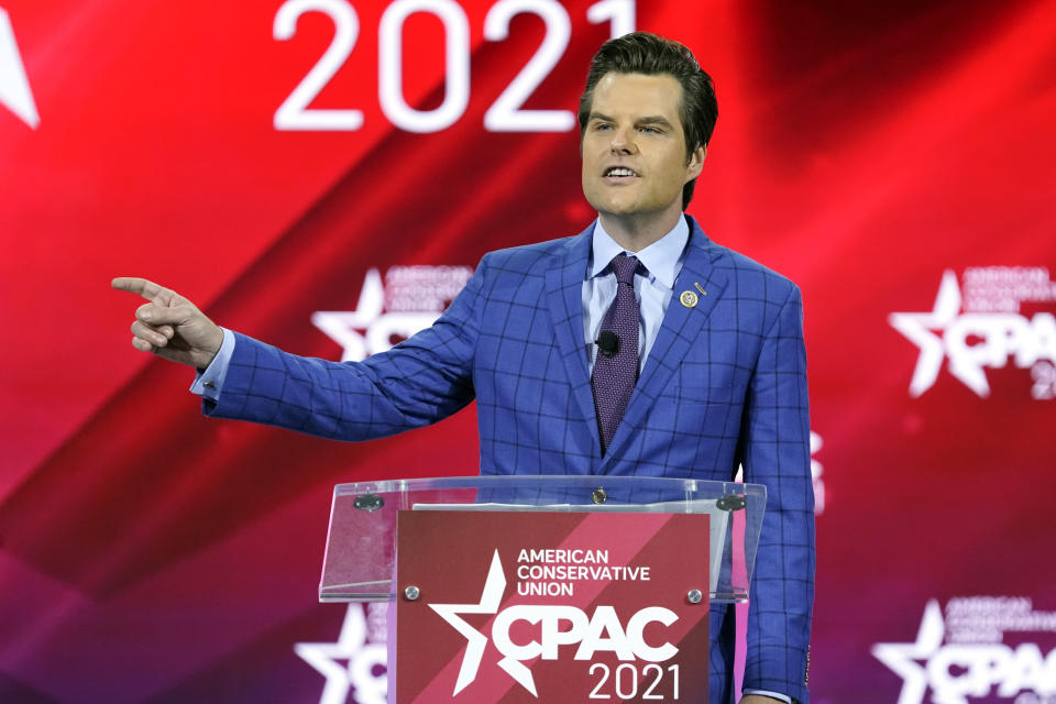 FILE - In this Feb. 26, 2021, file photo, Rep. Matt Gaetz, R-Fla.,, speaks at the Conservative Political Action Conference (CPAC) in Orlando, Fla. (AP Photo/John Raoux)