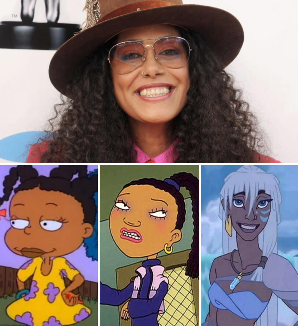 A photo of Summer next to three animated characters she played: Susie from Rugrats; Miranda from As Told by Ginger, and Kida from Atlantis: The Lost Empire