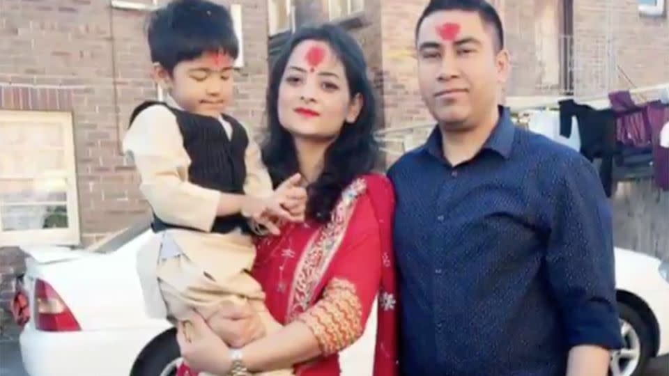 Tej Thapa was left with a broken leg while his wife was forced to toss their young son into the arms of a heroic neighbour. Source: 7 News