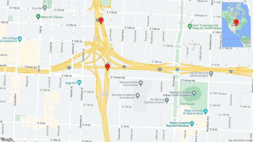 A detailed map that shows the affected road due to 'Crash reported on northbound US-71 in Kansas City' on December 16th at 2:19 p.m.