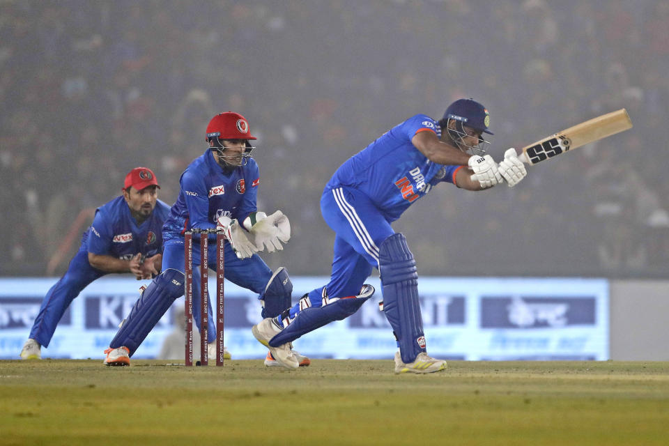 India's Shivam Dube bats during the first T20 cricket match between India and Afghanistan in Mohali, India, Thursday, Jan. 11, 2024. (AP Photo/Surjeet Yadav)