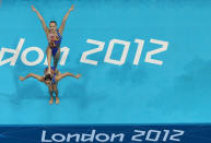 LONDON, ENGLAND - AUGUST 07: Xuechen Huang and Oi Liu of China compete in the Women's Duets Synchronised Swimming Free Routine Final on Day 11 of the London 2012 Olympic Games at the Aquatics Centre on August 7, 2012 in London, England. (Photo by Rob Carr/Getty Images)