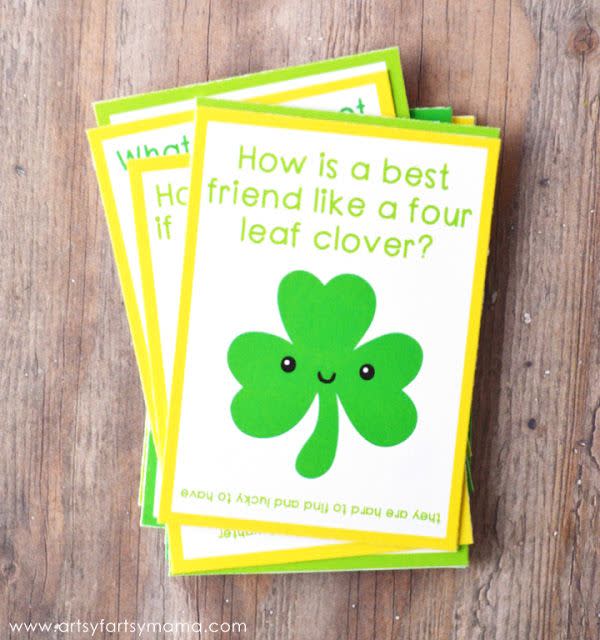 handcrafted st patricks day lunch box joke cards, how is a best friend like a 4 leaf clover, hard to find and luck to have