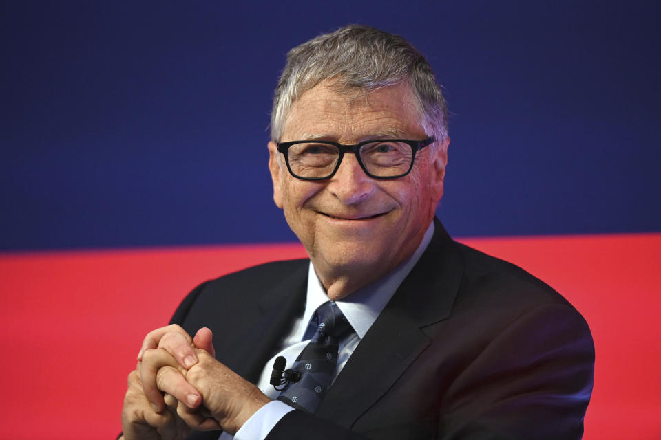 Bill Gates speaks during the Global Investment Summit at the Science Museum, London, Tuesday, Oct, 19, 2021. (Leon Neal/Pool Photo via AP