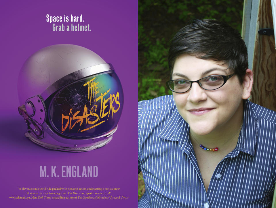 This combination photo shows cover art for "The Disasters," left, and a portrait of author M.K. England, whose debut novel is in development for the CW network. (HarperTeen via AP, left, and M.K. England via AP)