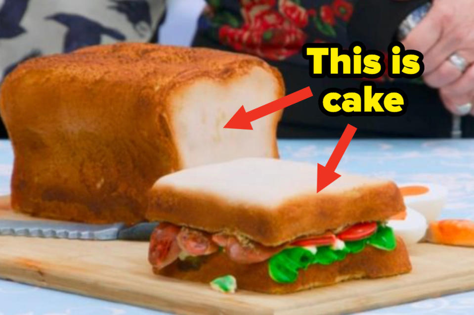 a cake that looks exactly like a loaf of bread and sandwich